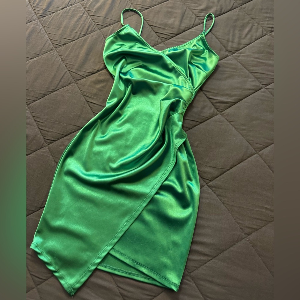 Green Satin Slip Dress - Picture 2 of 7